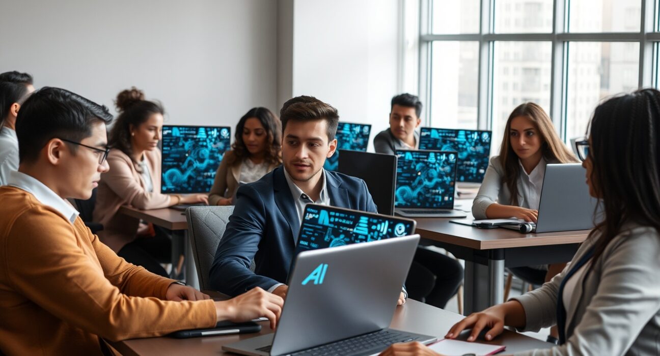 Professionals working at desks with AI-related graphics on laptop screens in a modern office