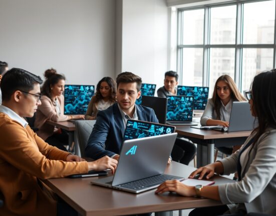 Professionals working at desks with AI-related graphics on laptop screens in a modern office