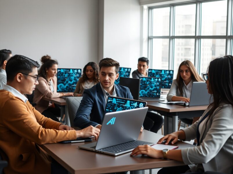 Professionals working at desks with AI-related graphics on laptop screens in a modern office