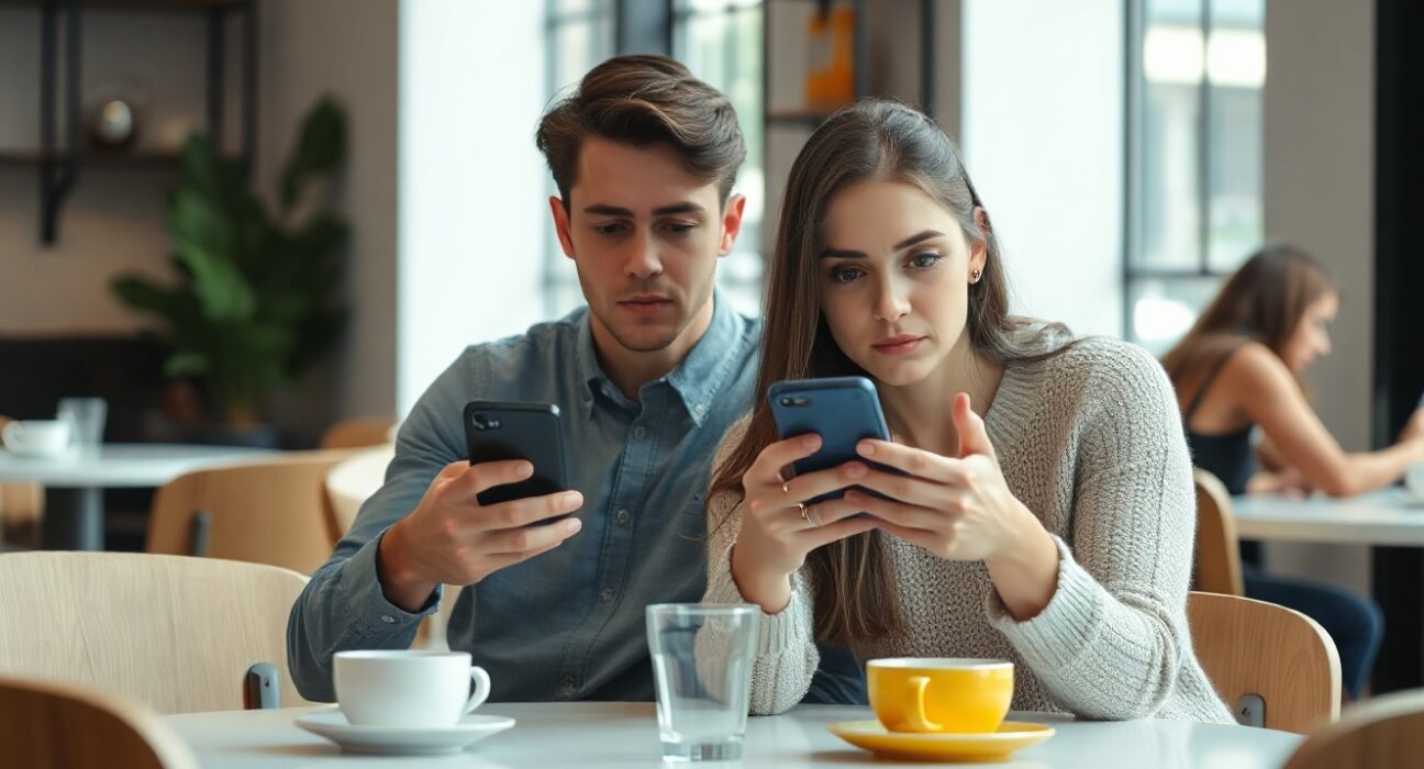Couple at cafe looking at phones with skeptical expressions, representing AI in dating survey findings
