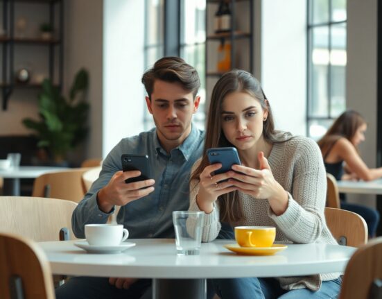 Couple at cafe looking at phones with skeptical expressions, representing AI in dating survey findings