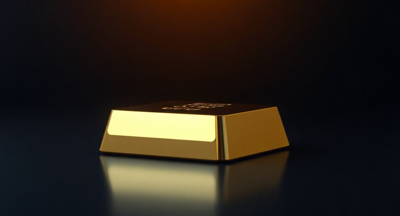 Gold bar with digital blockchain grid overlay representing tokenized gold on the Stellar network