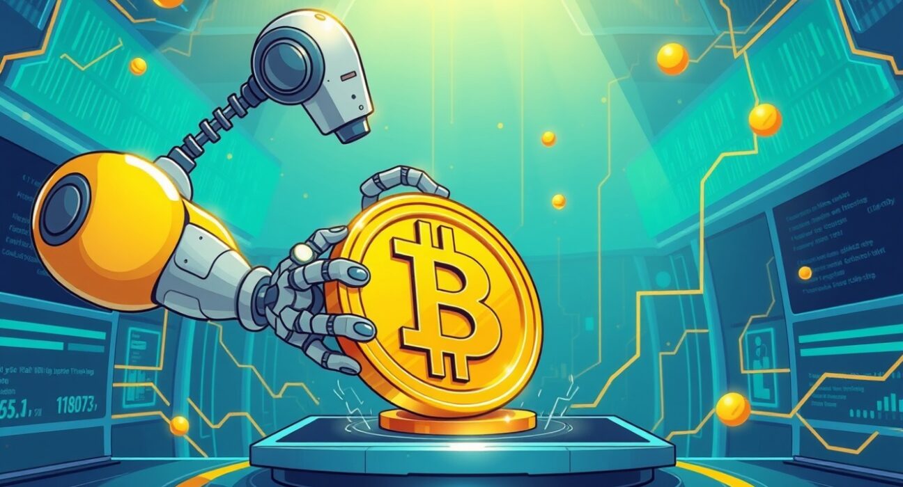 A cartoon illustration of a large Bitcoin transfer to a cryptocurrency exchange.