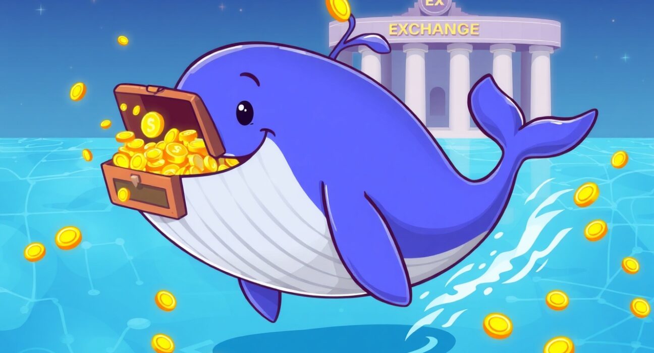 Strategic Bitcoin withdrawal depicted as a whale moving digital assets from exchange to secure storage