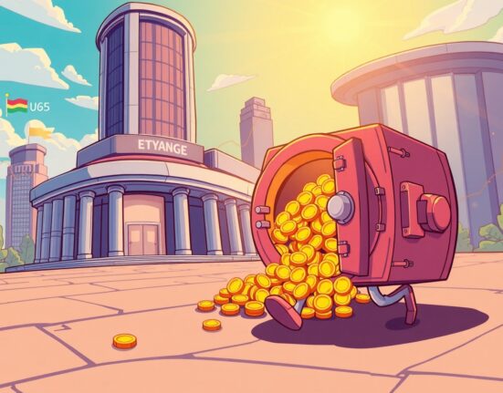 Cartoon vault carrying a massive Bitcoin withdrawal away from a crypto exchange.