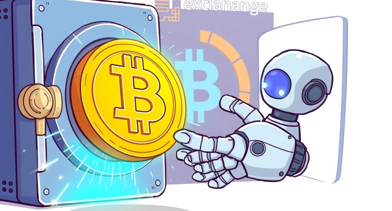 A vibrant cartoon illustration of a large Matrixport BTC deposit being transferred to a cryptocurrency exchange.