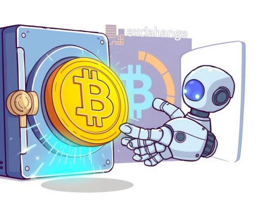 A vibrant cartoon illustration of a large Matrixport BTC deposit being transferred to a cryptocurrency exchange.