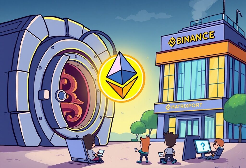 A cartoon showing a massive Matrixport ETH deposit moving to Binance, signaling potential market activity.
