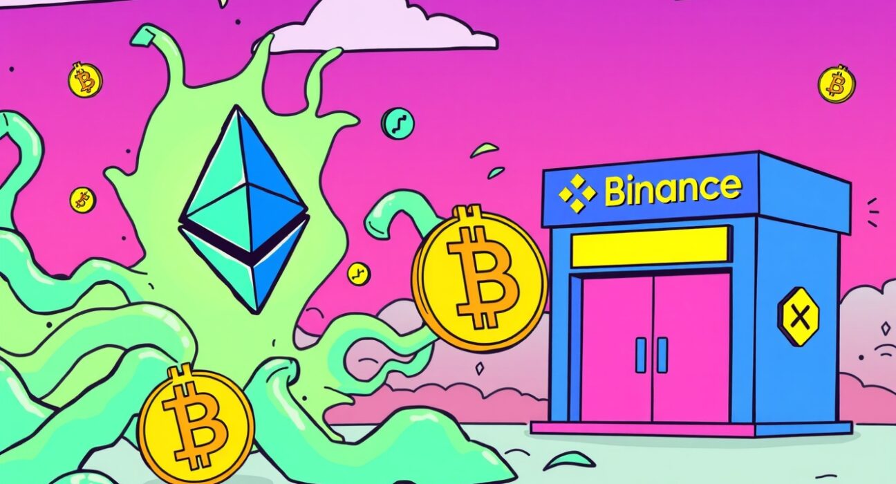Cartoon illustration showing a significant Matrixport ETH deposit moving to a large exchange, symbolizing major crypto transfers and market activity.