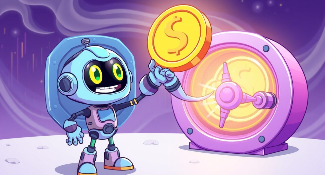 A cartoon robot moving digital coins, illustrating the Matrixport withdraws ASTER transaction from Binance.