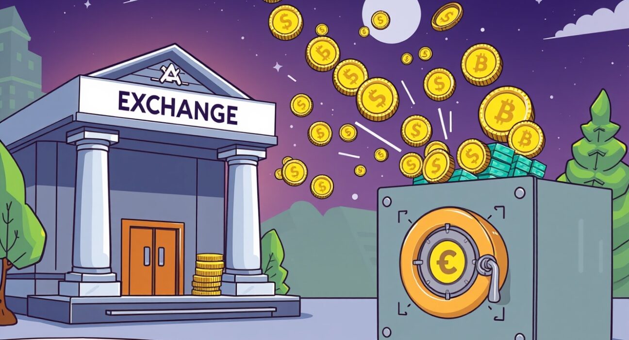 A cartoon showing a large digital transfer, symbolizing Maven 11 ENA withdrawal and significant crypto movements.