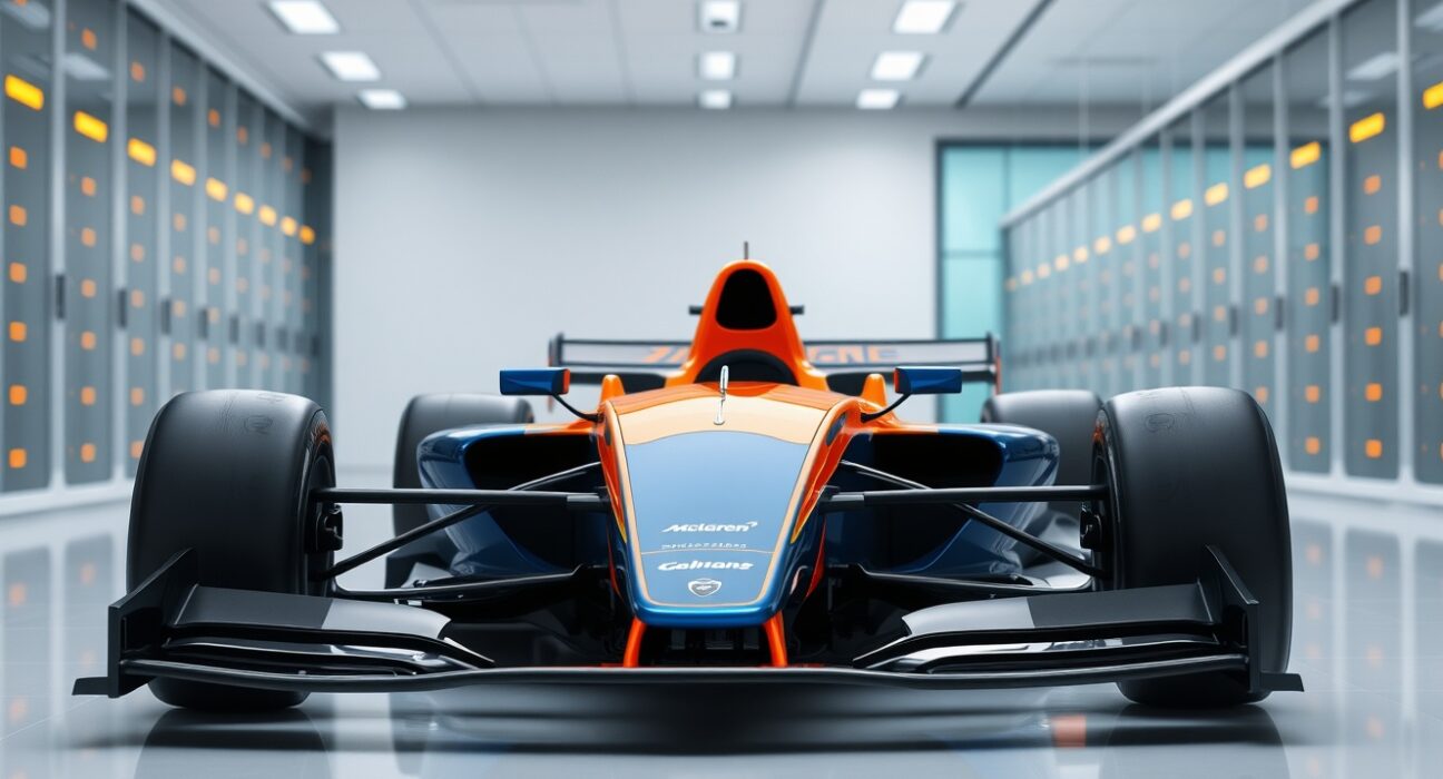 McLaren Formula One car representing the team's new role on the Hedera blockchain council.