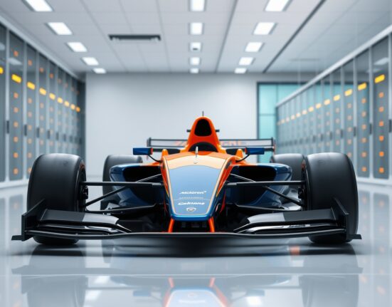 McLaren Formula One car representing the team's new role on the Hedera blockchain council.