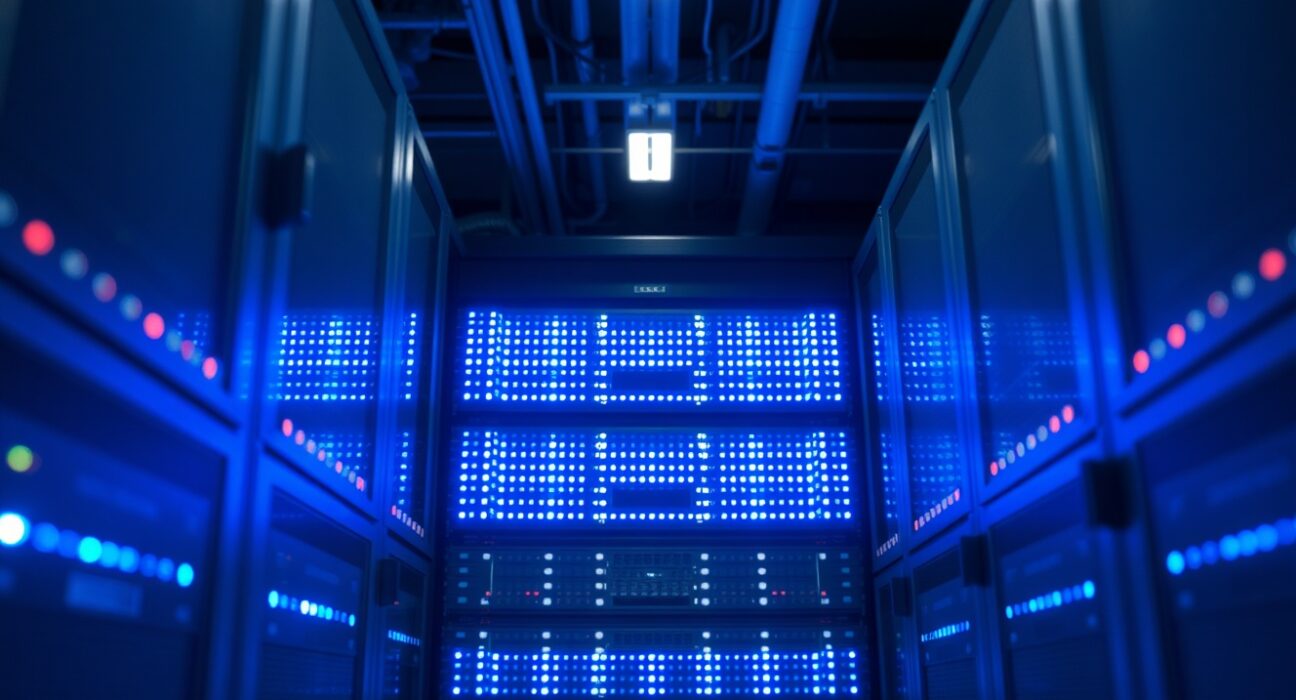 A modern data center server rack with blue LED lights, representing scalable AI infrastructure.