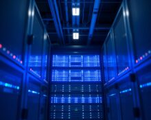 A modern data center server rack with blue LED lights, representing scalable AI infrastructure.