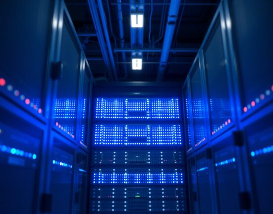 A modern data center server rack with blue LED lights, representing scalable AI infrastructure.