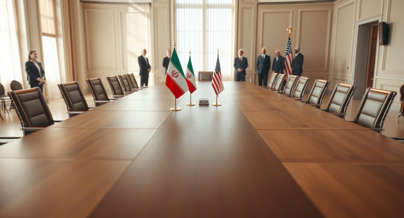 Diplomatic negotiation room with Iranian and American flags, symbolizing ceasefire talks