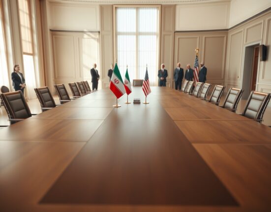 Diplomatic negotiation room with Iranian and American flags, symbolizing ceasefire talks