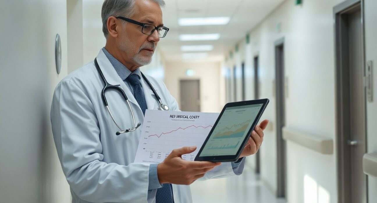 Medical professional reviewing rising medical cost charts in a hospital corridor