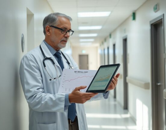 Medical professional reviewing rising medical cost charts in a hospital corridor