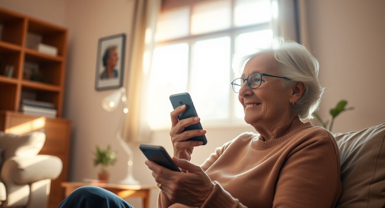 Senior woman using a smartphone with a glowing AI interface nearby, representing AI-powered chronic care management.