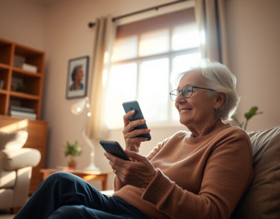 Senior woman using a smartphone with a glowing AI interface nearby, representing AI-powered chronic care management.