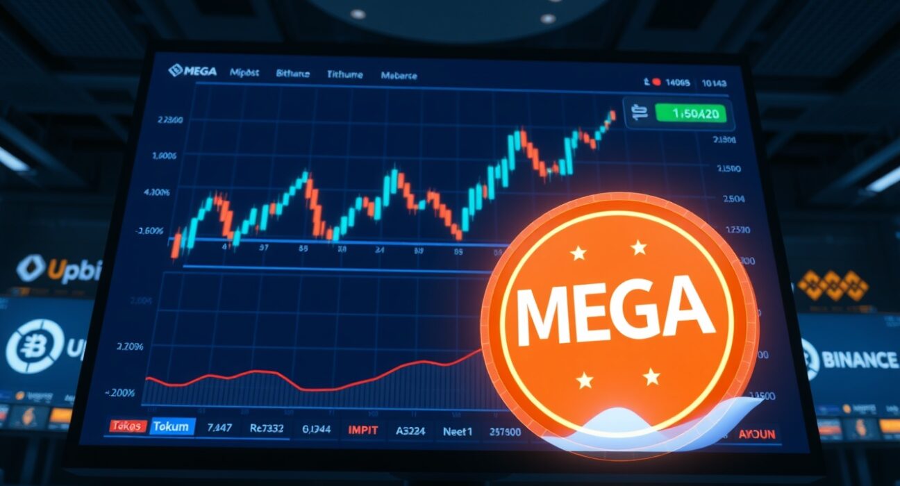 MEGA token price chart showing surge to $0.42 on DEX ahead of exchange listings on Upbit, Bithumb, and Binance.