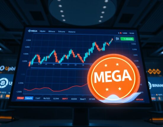 MEGA token price chart showing surge to $0.42 on DEX ahead of exchange listings on Upbit, Bithumb, and Binance.