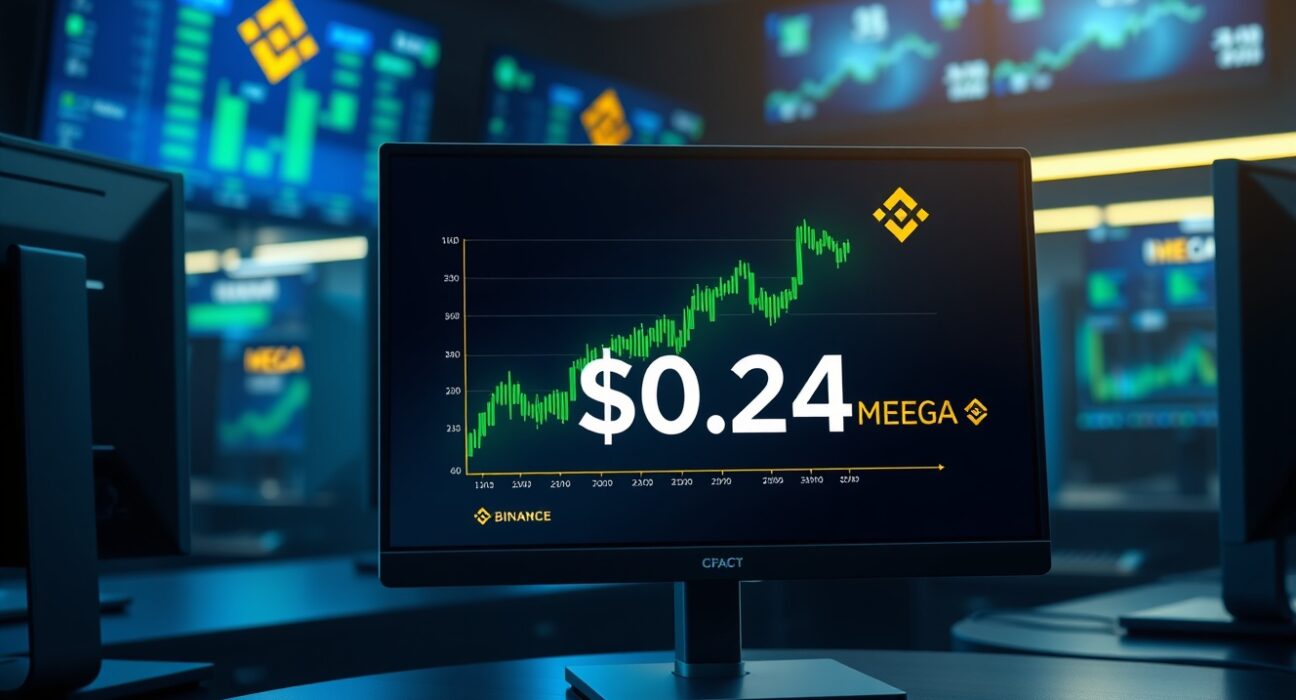 MEGA trades at $0.24 on Binance dashboard showing price surge after listing