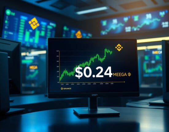 MEGA trades at $0.24 on Binance dashboard showing price surge after listing