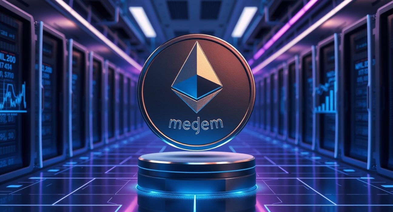 MEGA token from MegaETH project floating above a digital platform with Ethereum blockchain network visuals