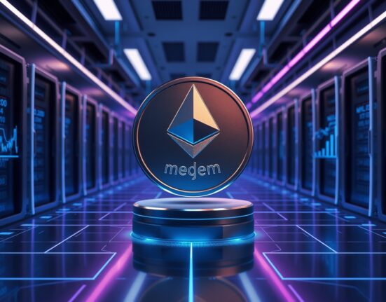 MEGA token from MegaETH project floating above a digital platform with Ethereum blockchain network visuals