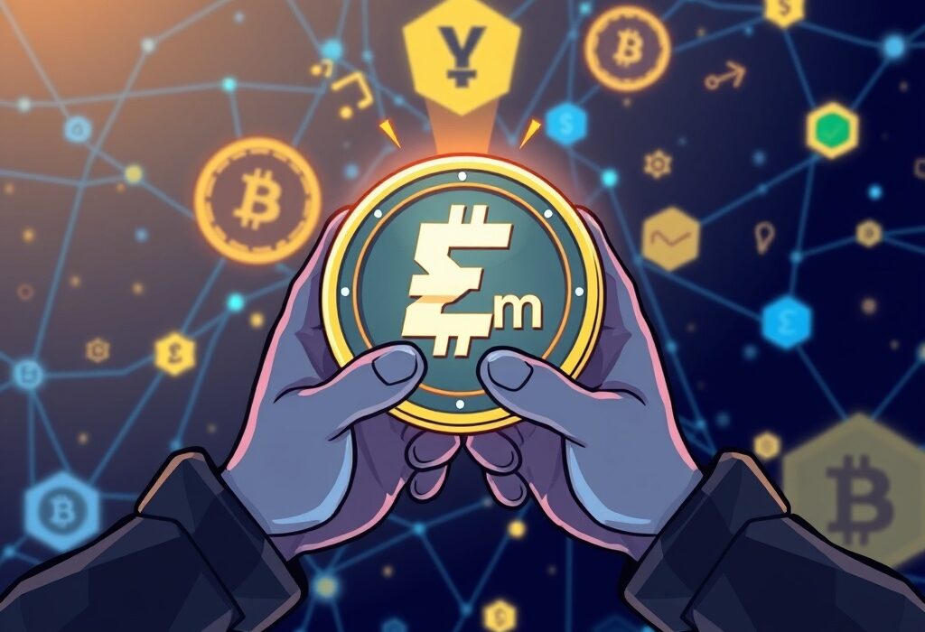 A cartoon image illustrating the secure launch of the MegaETH stablecoin, USDm, in partnership with Ethena, highlighting its impact on DeFi.