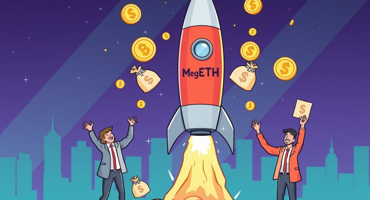 A cartoon illustration showing the successful MegaETH token sale, with a rocket launching and investors celebrating the massive fundraising.