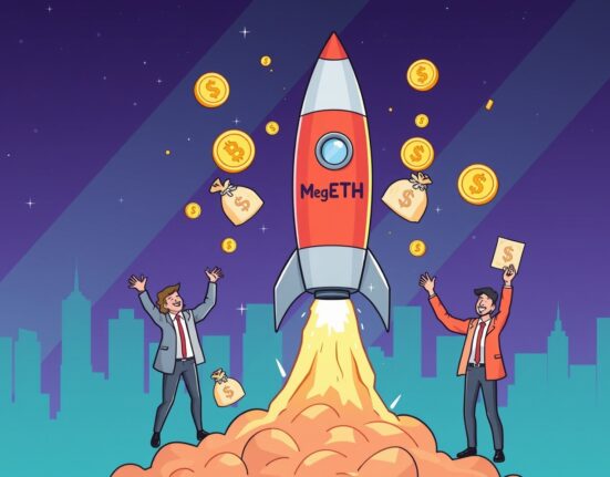 A cartoon illustration showing the successful MegaETH token sale, with a rocket launching and investors celebrating the massive fundraising.