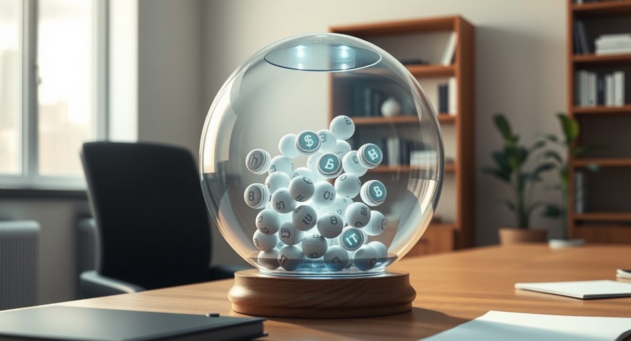 Modern blockchain lottery system with transparent drum and digital tokens representing Megapot's funding announcement.