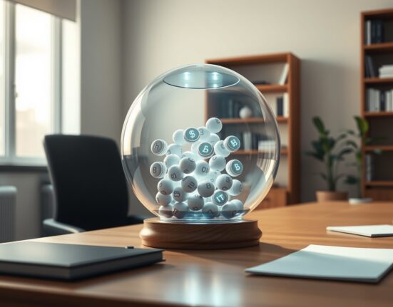 Modern blockchain lottery system with transparent drum and digital tokens representing Megapot's funding announcement.