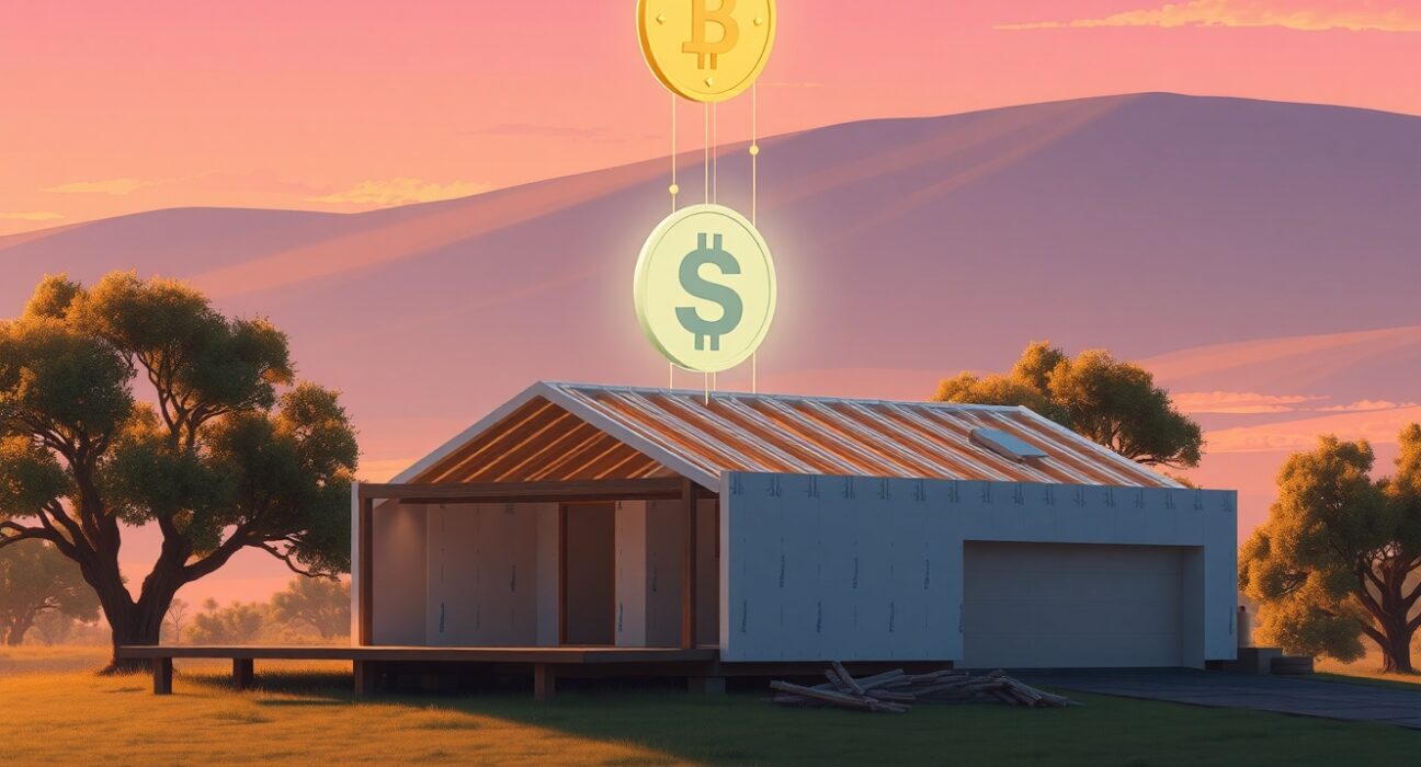 Texas construction firm Megatel's new cryptocurrency token for home payments and rewards, visualized in a serene landscape.