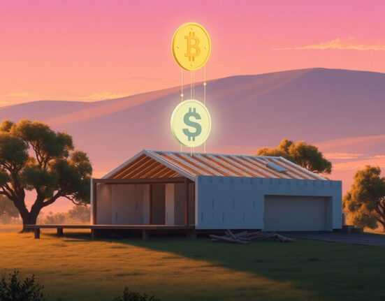 Texas construction firm Megatel's new cryptocurrency token for home payments and rewards, visualized in a serene landscape.