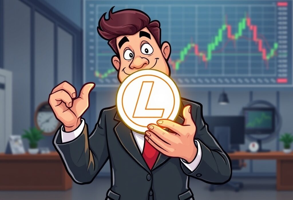 Cartoon showing a pharmaceutical company embracing a significant MEI Pharma Litecoin investment, highlighting a shift in corporate treasury.