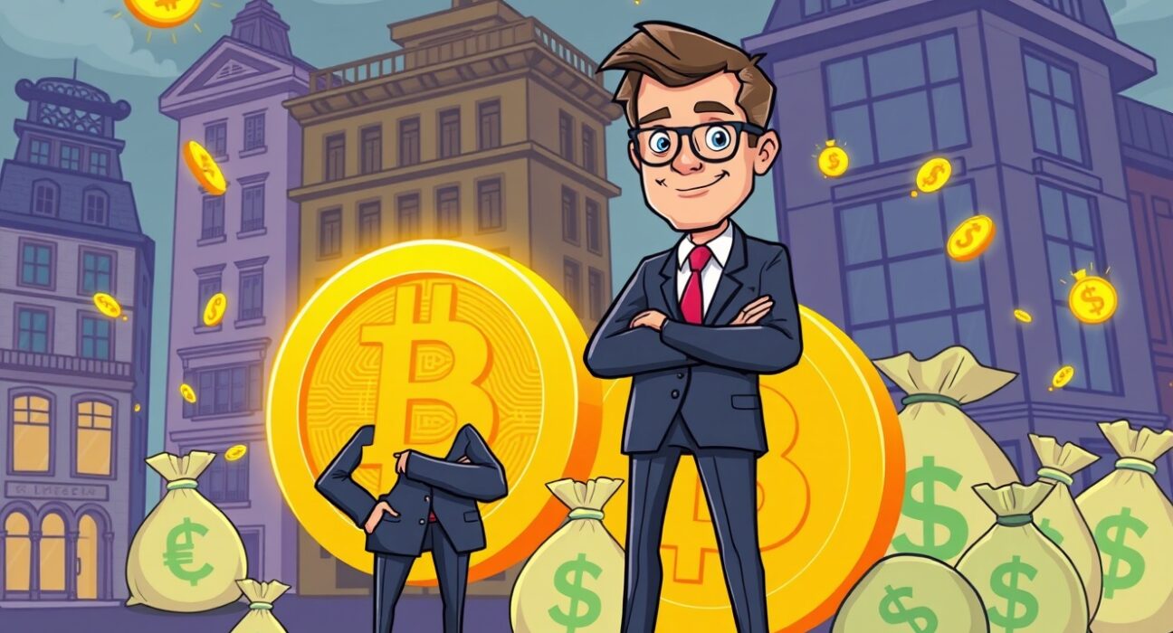 A cartoon showing a financial expert initiating a significant Bitcoin investment, symbolizing institutional adoption of cryptocurrency.