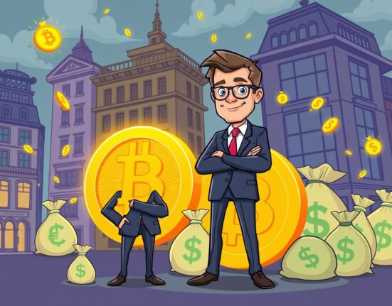 A cartoon showing a financial expert initiating a significant Bitcoin investment, symbolizing institutional adoption of cryptocurrency.