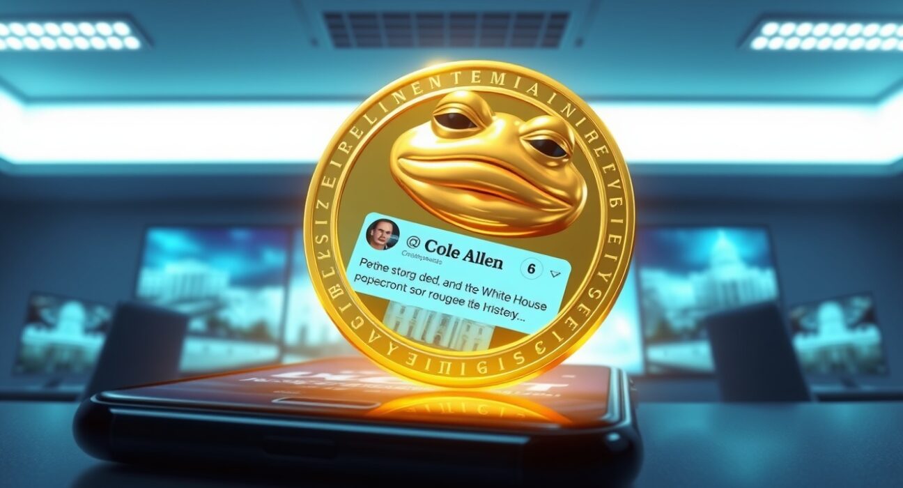 Meme coin HENRY digital token floating above a smartphone showing a viral tweet predicting a shooter's name, illustrating the 320% price surge.