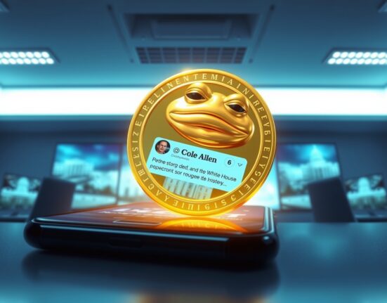Meme coin HENRY digital token floating above a smartphone showing a viral tweet predicting a shooter's name, illustrating the 320% price surge.