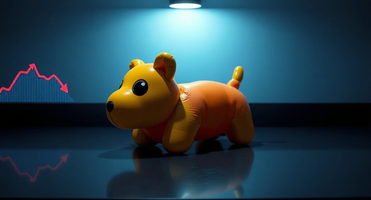 Deflated dog-shaped balloon on dark surface with red digital charts, representing meme coin market decline.