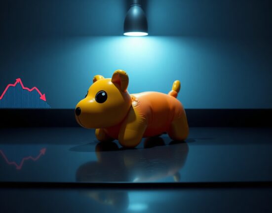 Deflated dog-shaped balloon on dark surface with red digital charts, representing meme coin market decline.