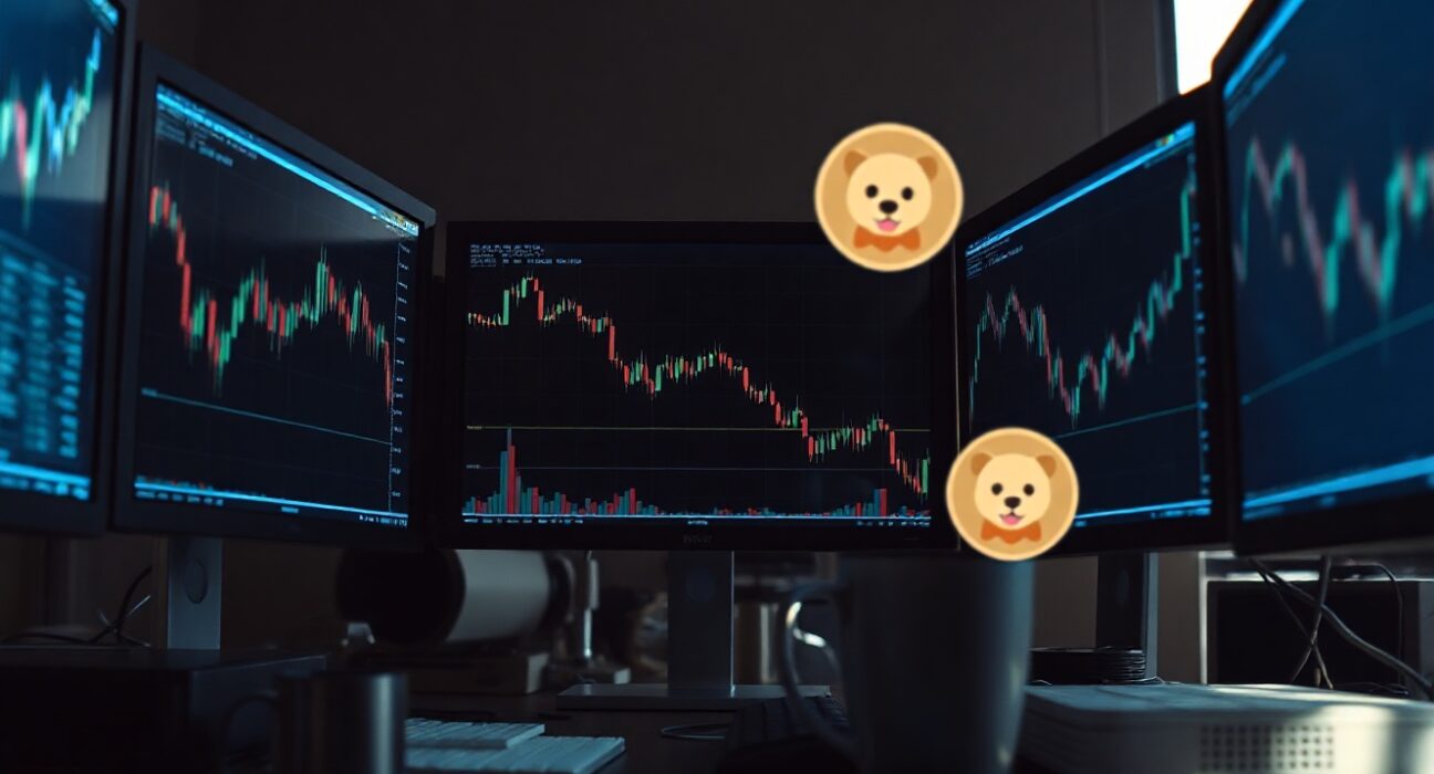 Trading desk monitors showing declining memecoin charts in a dimly lit office