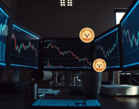 Trading desk monitors showing declining memecoin charts in a dimly lit office