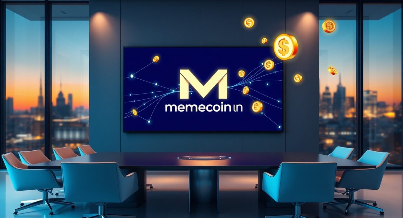 Memecoin.Fun funding announcement boardroom with blockchain network visuals