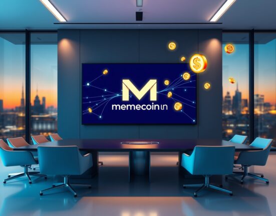 Memecoin.Fun funding announcement boardroom with blockchain network visuals
